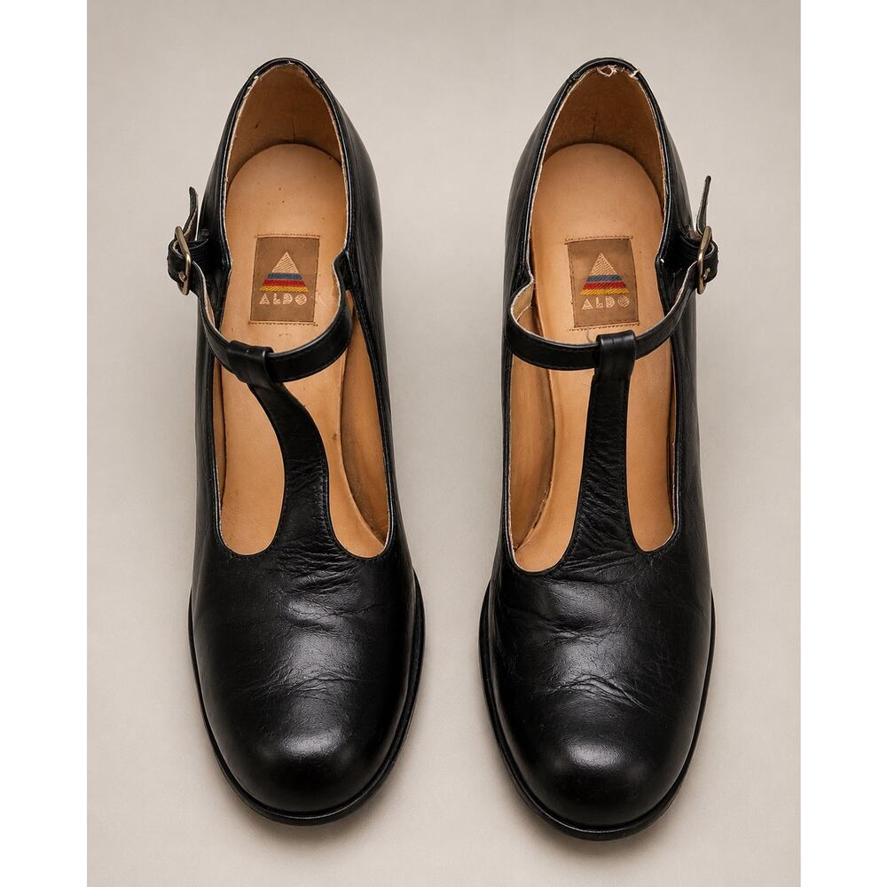Vintage 1980s ALDO Leather T-Strap Mary Jane Heels Dark Academia Professor Sz 10 - Picture 3 of 9